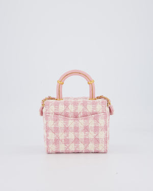 Chanel 23S Pink & Ecru Small Top Handle Crush Tweed Vanity Case Bag with Gold Hardware