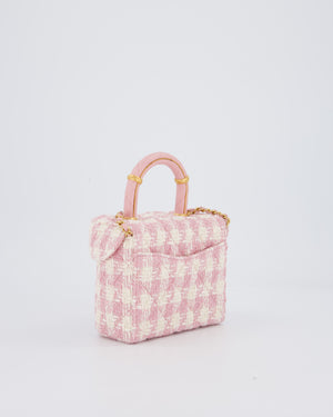 Chanel 23S Pink & Ecru Small Top Handle Crush Tweed Vanity Case Bag with Gold Hardware