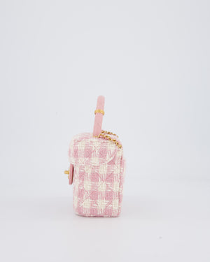 Chanel 23S Pink & Ecru Small Top Handle Crush Tweed Vanity Case Bag with Gold Hardware