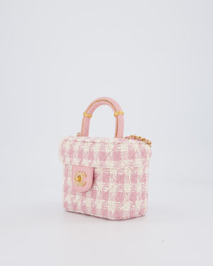 Chanel 23S Pink & Ecru Small Top Handle Crush Tweed Vanity Case Bag with Gold Hardware