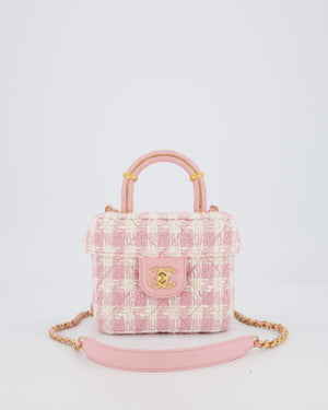 Chanel 23S Pink & Ecru Small Top Handle Crush Tweed Vanity Case Bag with Gold Hardware