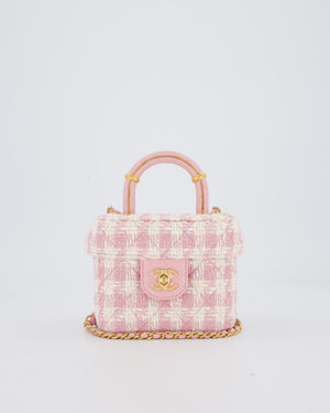 Chanel 23S Pink & Ecru Small Top Handle Crush Tweed Vanity Case Bag with Gold Hardware