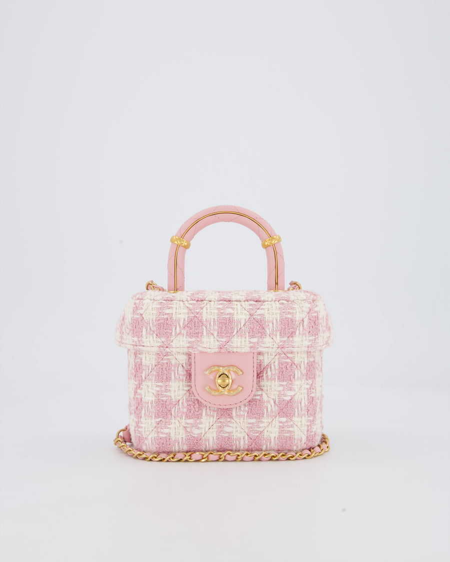 Chanel 23S Pink & Ecru Small Top Handle Crush Tweed Vanity Case Bag with Gold Hardware
