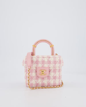 Chanel 23S Pink & Ecru Small Top Handle Crush Tweed Vanity Case Bag with Gold Hardware