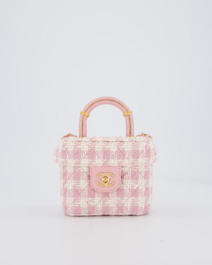 Chanel 23S Pink & Ecru Small Top Handle Crush Tweed Vanity Case Bag with Gold Hardware