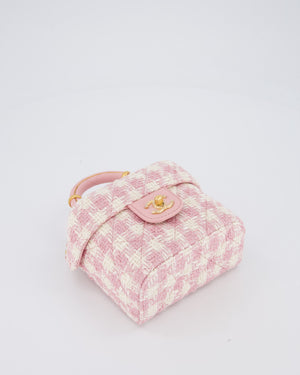 Chanel 23S Pink & Ecru Small Top Handle Crush Tweed Vanity Case Bag with Gold Hardware