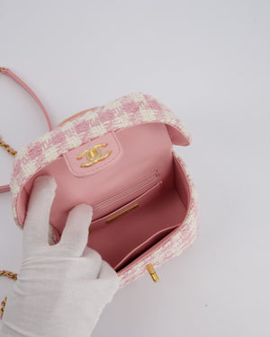 Chanel 23S Pink & Ecru Small Top Handle Crush Tweed Vanity Case Bag with Gold Hardware