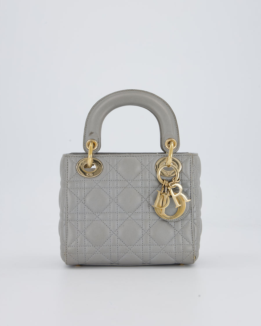 Christian Dior Grey Small Lady Dior Bag in Lambskin Cannage Leather with Champagne Gold Hardware