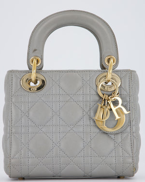 Christian Dior Grey Small Lady Dior Bag in Lambskin Cannage Leather with Champagne Gold Hardware