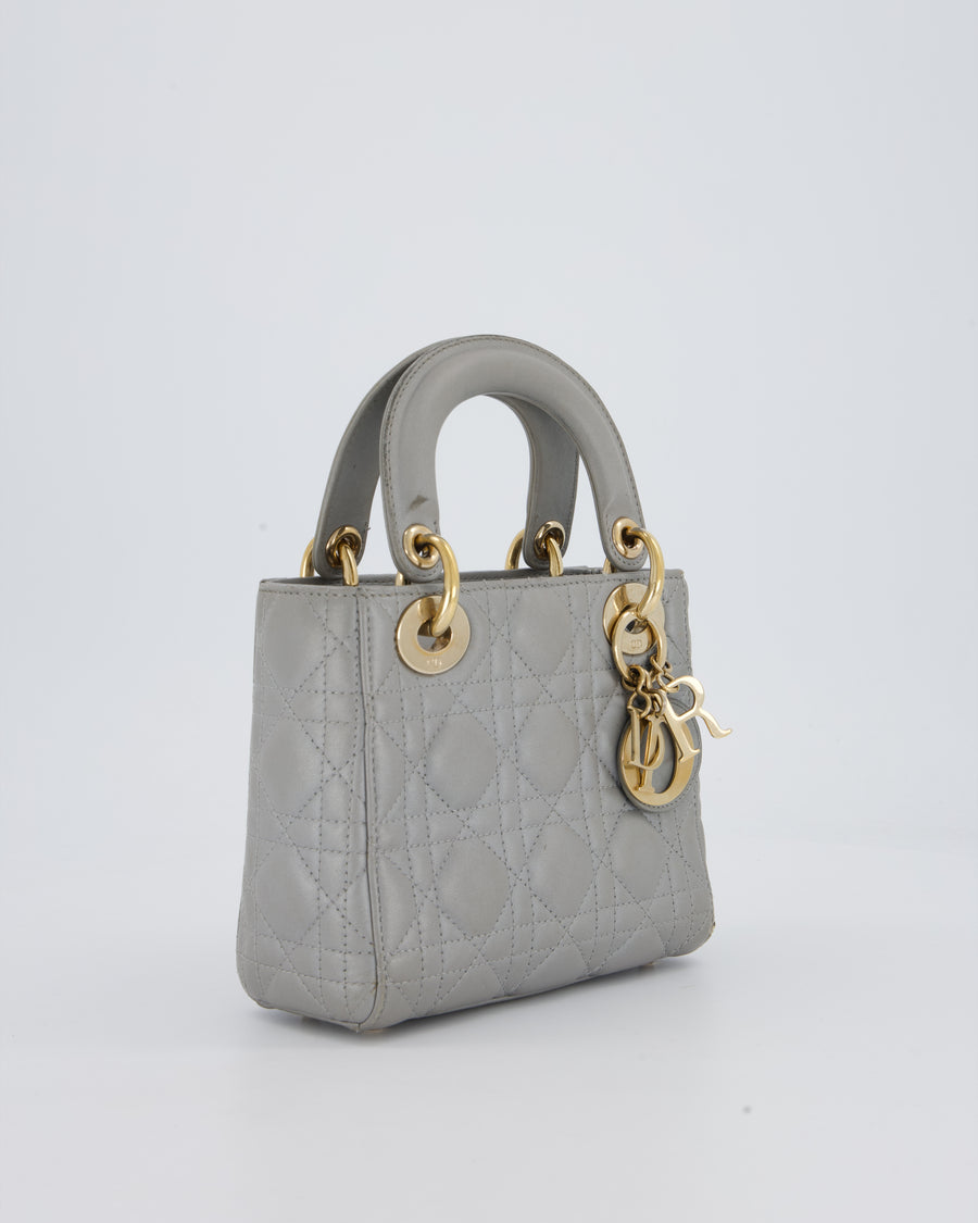 Christian Dior Grey Small Lady Dior Bag in Lambskin Cannage Leather with Champagne Gold Hardware