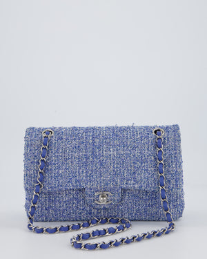 Chanel Medium Classic Double Flap Bag in Blue and White Tweed with Silver Hardware