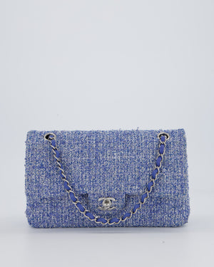 Chanel Medium Classic Double Flap Bag in Blue and White Tweed with Silver Hardware