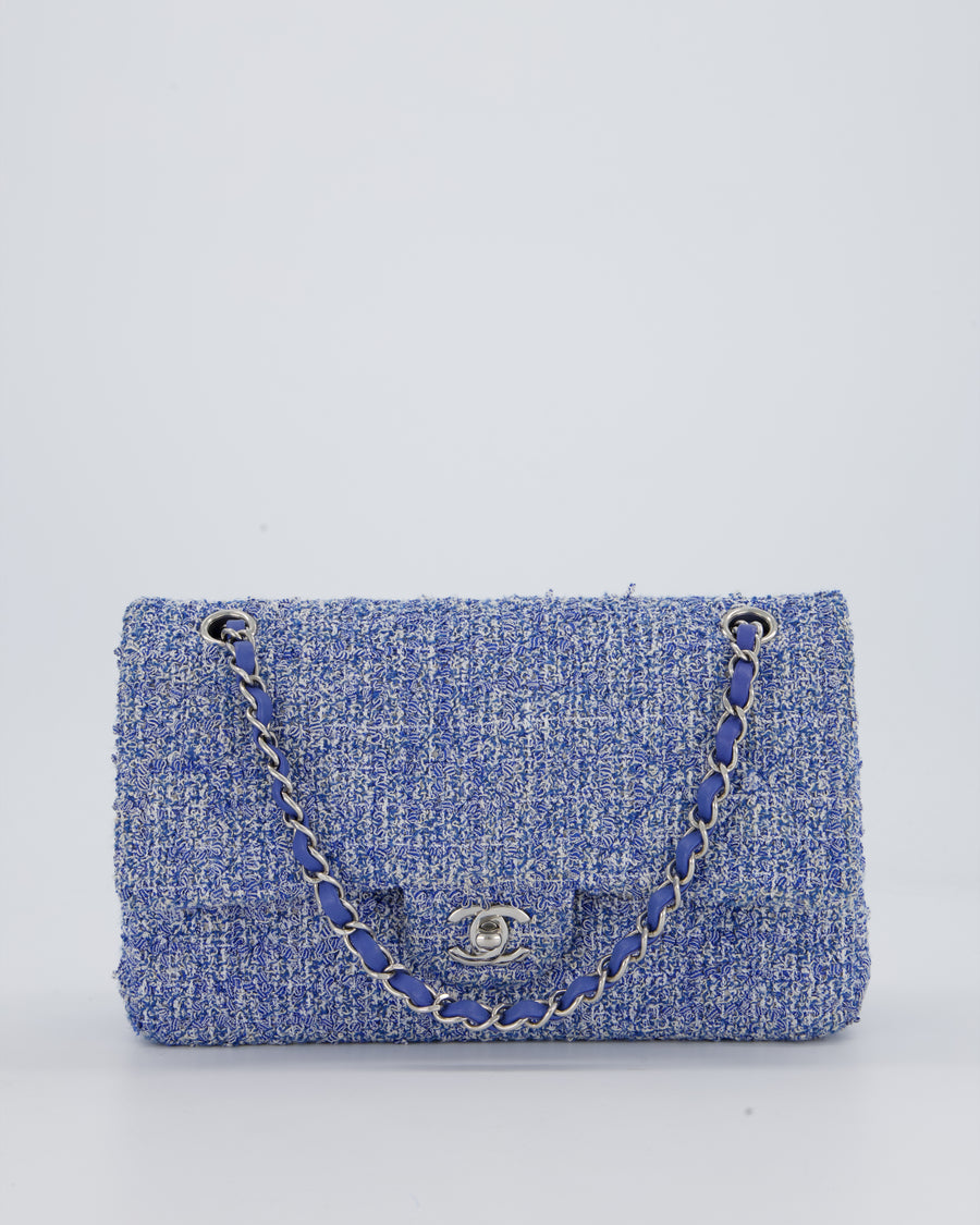 Chanel Medium Classic Double Flap Bag in Blue and White Tweed with Silver Hardware