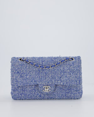 Chanel Medium Classic Double Flap Bag in Blue and White Tweed with Silver Hardware