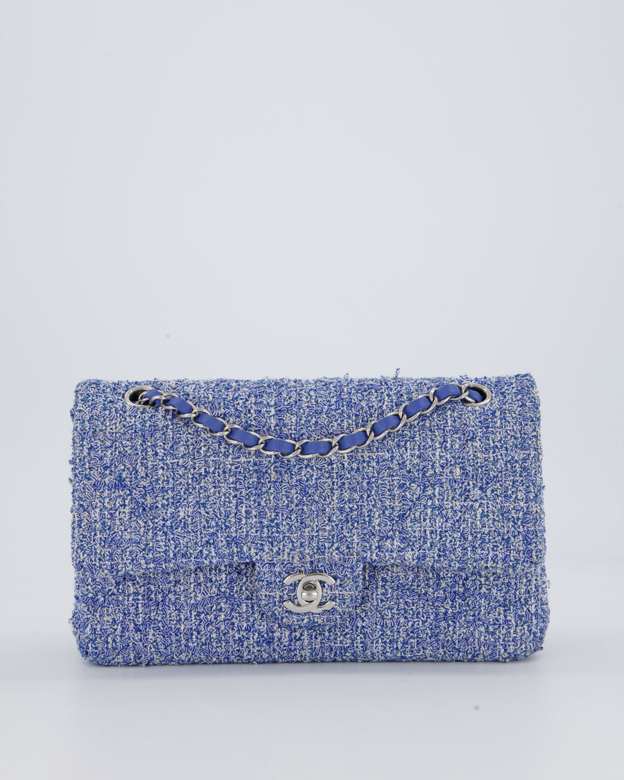 Chanel Medium Classic Double Flap Bag in Blue and White Tweed with Silver Hardware