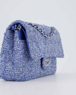 Chanel Medium Classic Double Flap Bag in Blue and White Tweed with Silver Hardware
