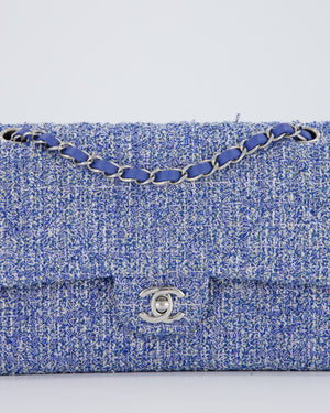 Chanel Medium Classic Double Flap Bag in Blue and White Tweed with Silver Hardware