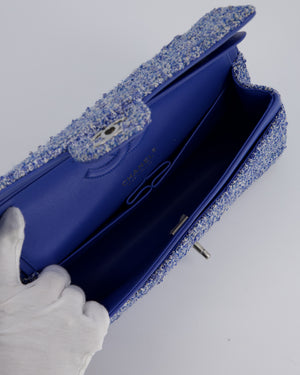 Chanel Medium Classic Double Flap Bag in Blue and White Tweed with Silver Hardware