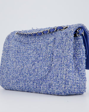 Chanel Medium Classic Double Flap Bag in Blue and White Tweed with Silver Hardware