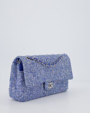 Chanel Medium Classic Double Flap Bag in Blue and White Tweed with Silver Hardware