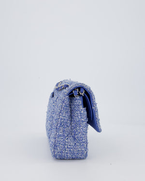 Chanel Medium Classic Double Flap Bag in Blue and White Tweed with Silver Hardware