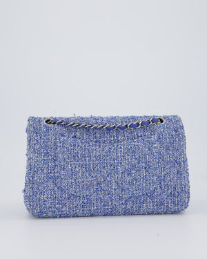 Chanel Medium Classic Double Flap Bag in Blue and White Tweed with Silver Hardware