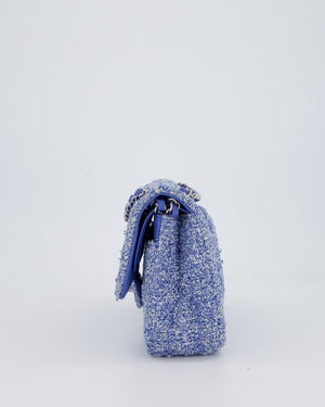Chanel Medium Classic Double Flap Bag in Blue and White Tweed with Silver Hardware