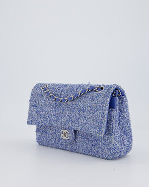 Chanel Medium Classic Double Flap Bag in Blue and White Tweed with Silver Hardware