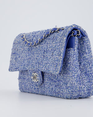 Chanel Medium Classic Double Flap Bag in Blue and White Tweed with Silver Hardware