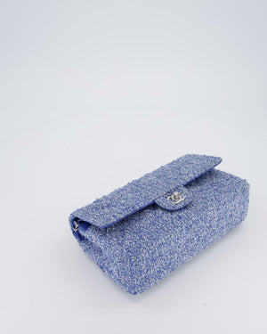 Chanel Medium Classic Double Flap Bag in Blue and White Tweed with Silver Hardware