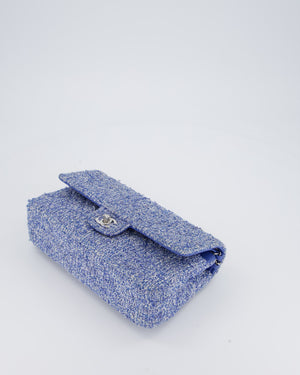 Chanel Medium Classic Double Flap Bag in Blue and White Tweed with Silver Hardware