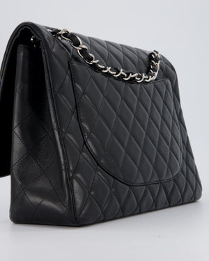 Chanel Black Maxi Single Flap Bag in Black Lambskin Leather with Silver Hardware