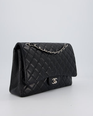 Chanel Black Maxi Single Flap Bag in Black Lambskin Leather with Silver Hardware