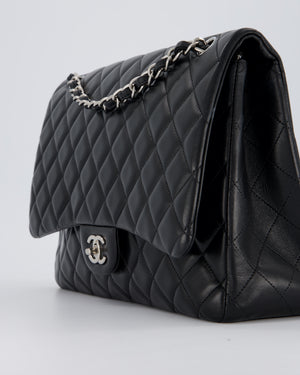 Chanel Black Maxi Single Flap Bag in Black Lambskin Leather with Silver Hardware