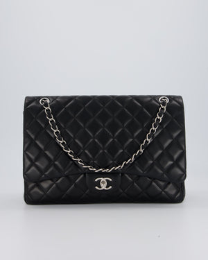 Chanel Black Maxi Single Flap Bag in Black Lambskin Leather with Silver Hardware