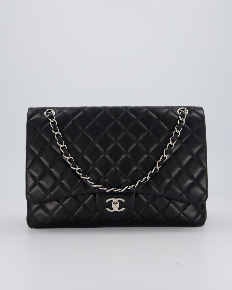 Chanel Black Maxi Single Flap Bag in Black Lambskin Leather with Silver Hardware