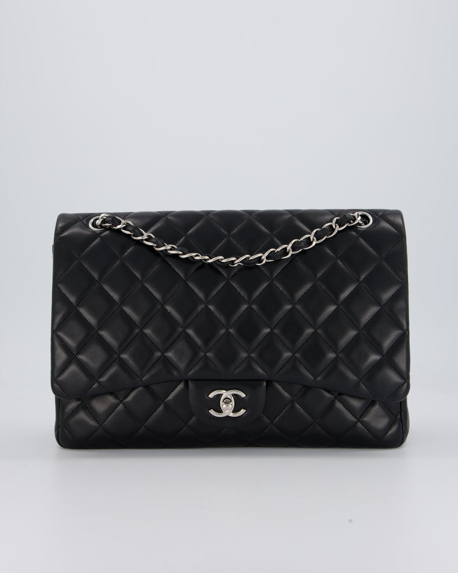 Chanel Black Maxi Single Flap Bag in Black Lambskin Leather with Silver Hardware