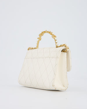 Chanel Wallet On Chain in White Quilted Lambskin Leather with Gold Hardware and Pearl and Logo Top Handle