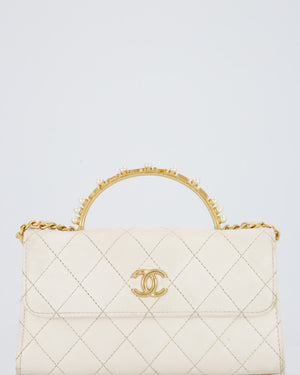 Chanel Wallet On Chain in White Quilted Lambskin Leather with Gold Hardware and Pearl and Logo Top Handle