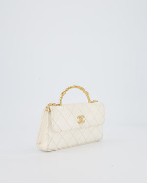 Chanel Wallet On Chain in White Quilted Lambskin Leather with Gold Hardware and Pearl and Logo Top Handle