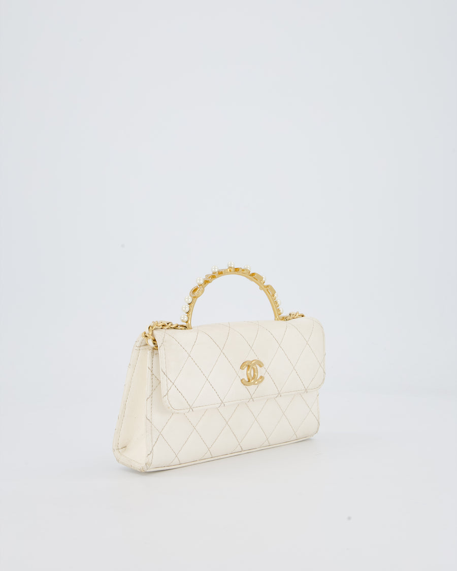 Chanel Wallet On Chain in White Quilted Lambskin Leather with Gold Hardware and Pearl and Logo Top Handle