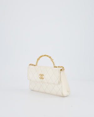 Chanel Wallet On Chain in White Quilted Lambskin Leather with Gold Hardware and Pearl and Logo Top Handle