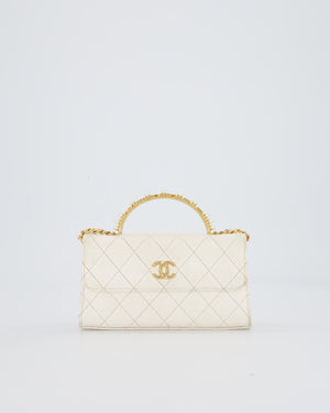 Chanel Wallet On Chain in White Quilted Lambskin Leather with Gold Hardware and Pearl and Logo Top Handle