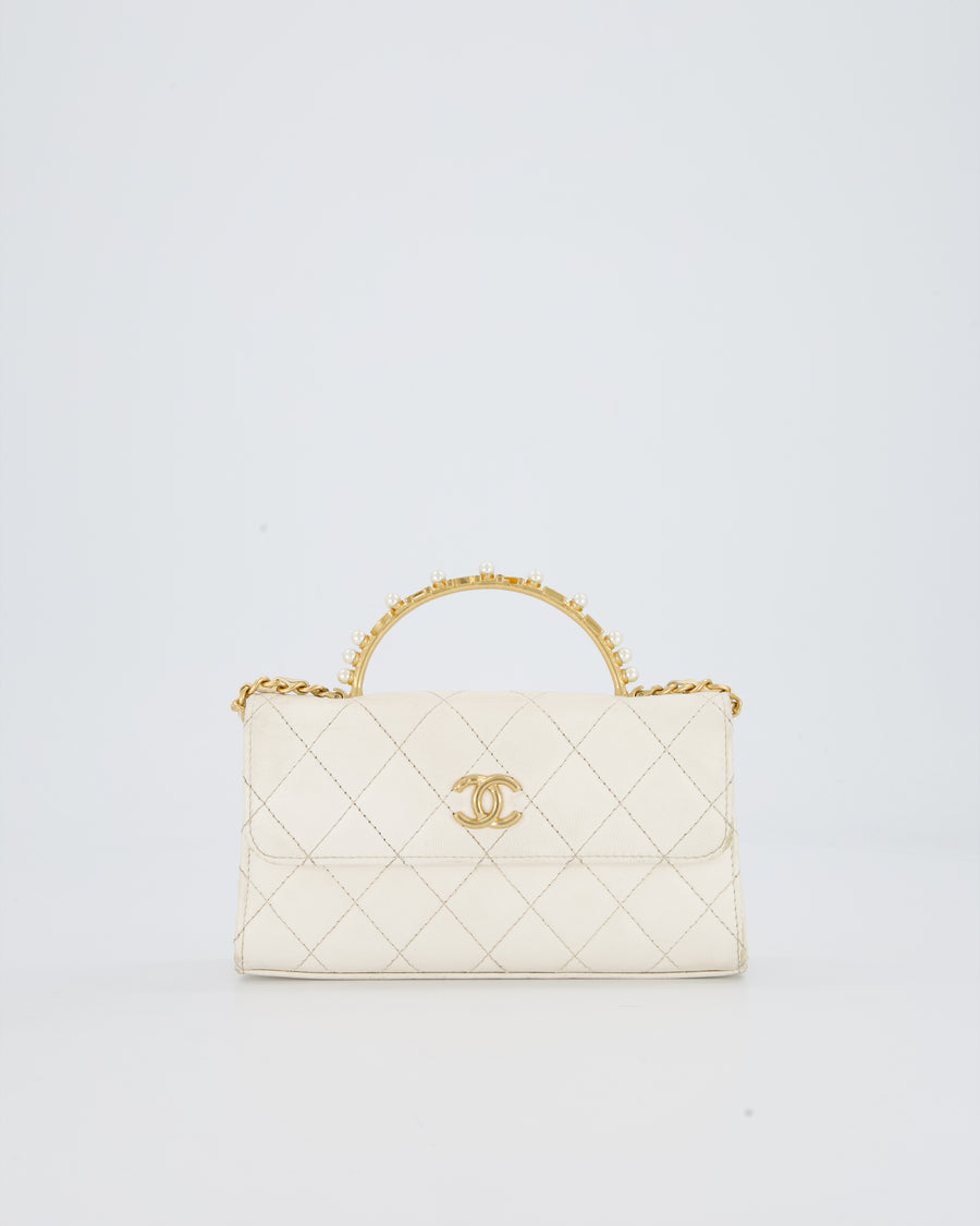 Chanel Wallet On Chain in White Quilted Lambskin Leather with Gold Hardware and Pearl and Logo Top Handle