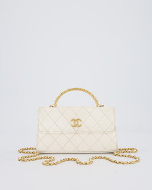 Chanel Wallet On Chain in White Quilted Lambskin Leather with Gold Hardware and Pearl and Logo Top Handle