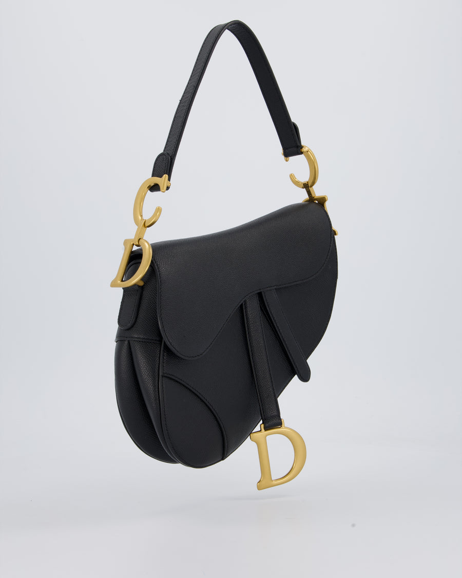 Christian Dior Black Medium Saddle Bag in Grain Calfskin Leather with Antique Gold Hardware