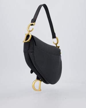 Christian Dior Black Medium Saddle Bag in Grain Calfskin Leather with Antique Gold Hardware