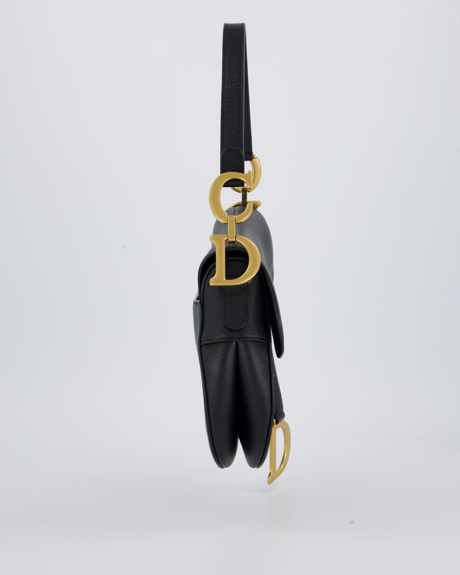 Christian Dior Black Medium Saddle Bag in Grain Calfskin Leather with Antique Gold Hardware