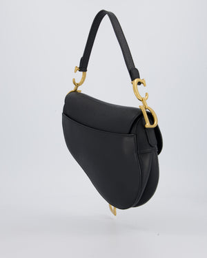 Christian Dior Black Medium Saddle Bag in Grain Calfskin Leather with Antique Gold Hardware