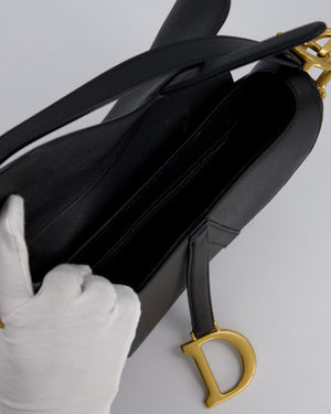 Christian Dior Black Medium Saddle Bag in Grain Calfskin Leather with Antique Gold Hardware